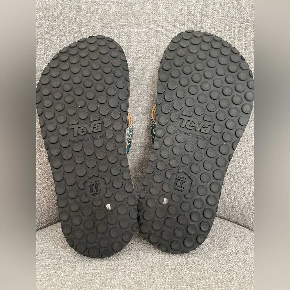 Teva Women's Habit River Green Floral Tan Leather Thong Sandals Size 8 - Picture 3 of 4